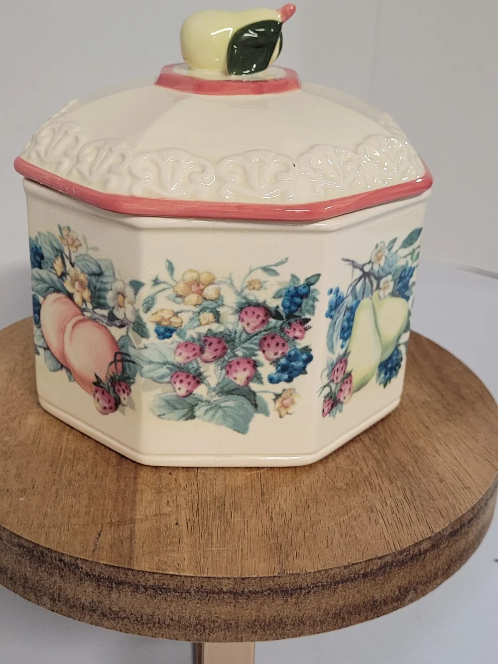 Octagonal Vintage Avon Fruit Motif Ceramic Canister with Pear Lid Accent